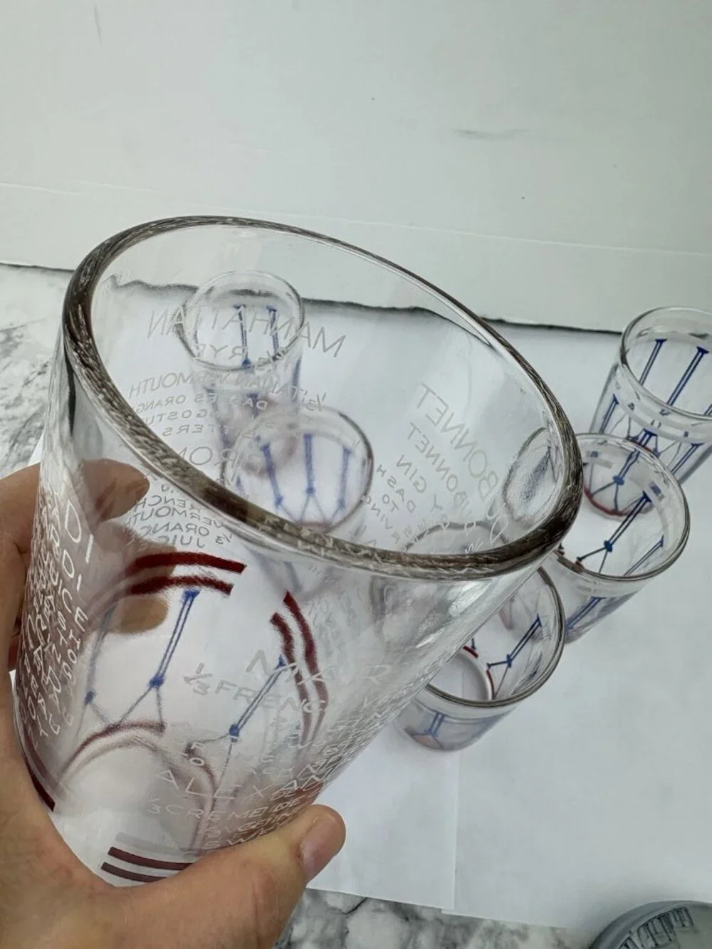 *Vintage Art Deco Glass & Metal Bar Set: Cocktail Shaker w/ Cover + 5 Glasses